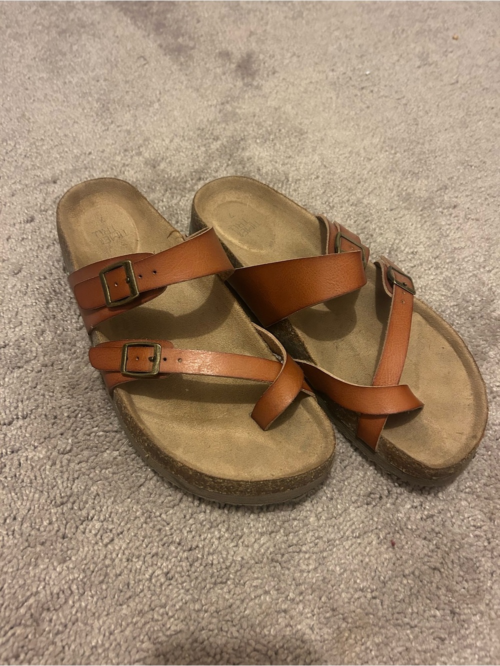 Women’s Tan Leather Double-Strap Slide Sandals